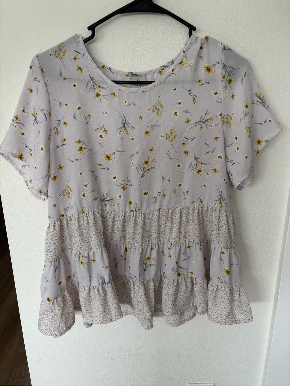 Paper Crane Lavender Floral Short Sleeve Peplum Blouse with Yellow Accent